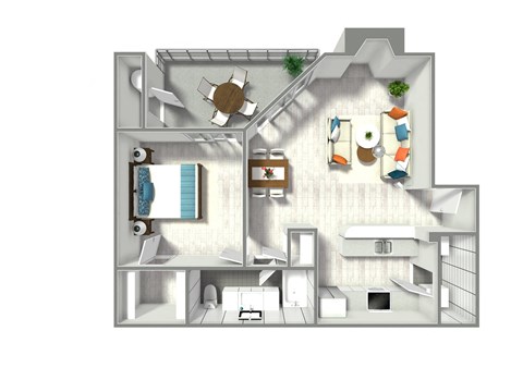 A 3D floor plan of a small apartment with a kitchen, living room, and bathroom.